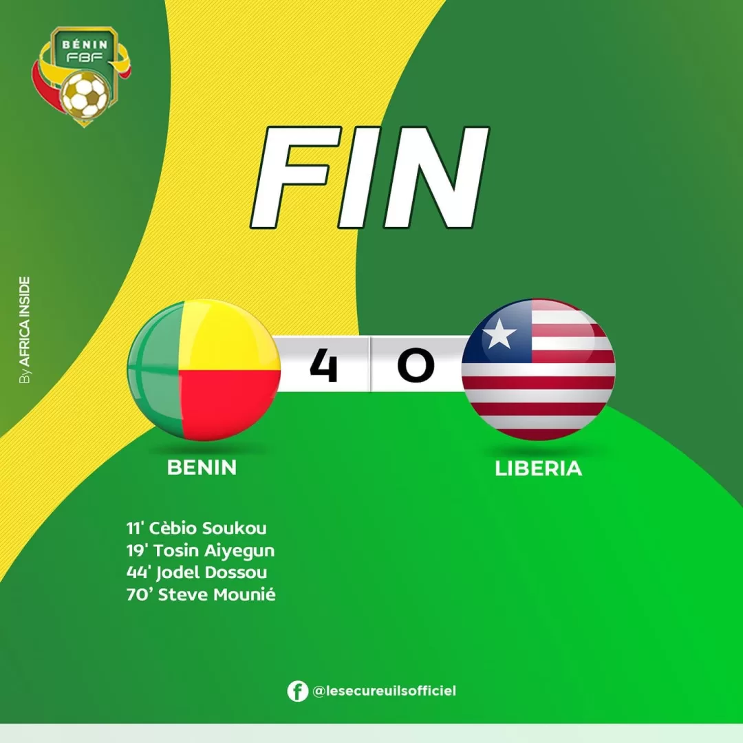Score final 4-0 entre un pays africain et un pays américain avec les minutes des buts et les drapeaux des équipes
