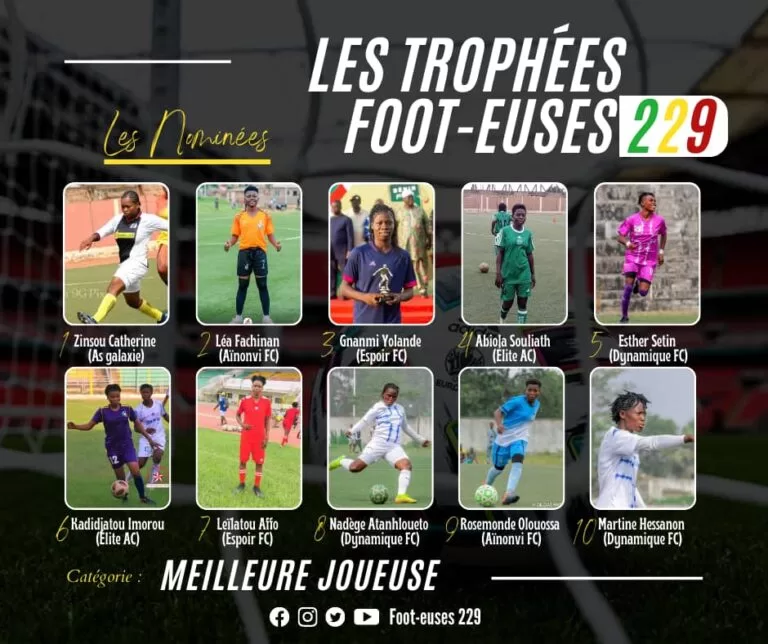 Dix joueuses de football en action avec leurs maillots sur un fond de stade et texte de présentation des nominées aux trophées Foot-euses 229