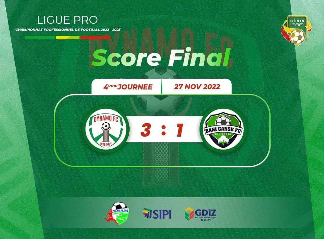 Score final 3 à 1 entre deux équipes de football affiché sur fond vert avec logos et date 27 novembre 2022