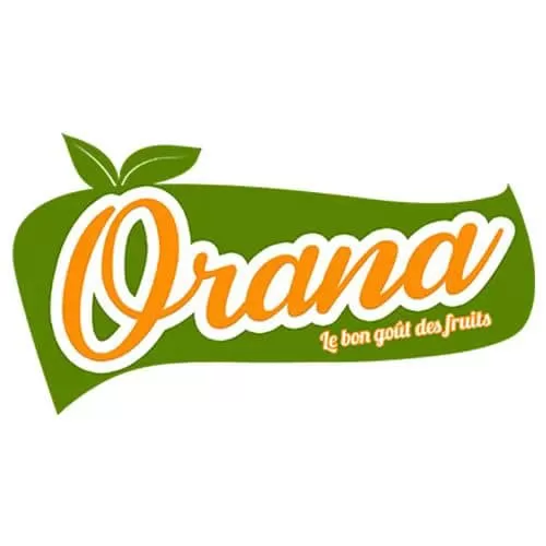 Logo vert et orange avec deux feuilles et le texte Orana Le bon goût des fruits