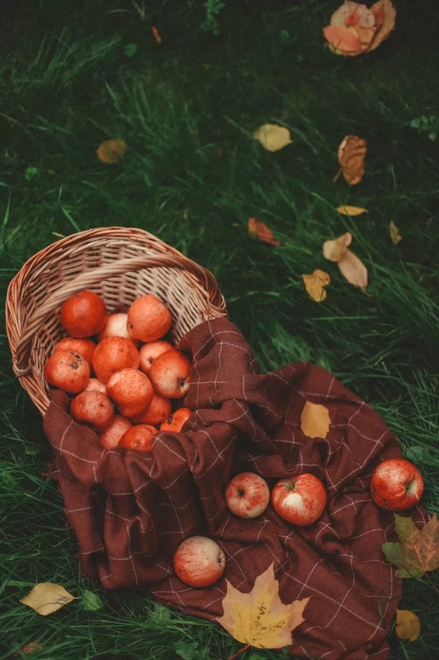 Panier en osier renversé avec pommes rouges sur tissu marron posé sur herbe verte avec feuilles mortes d'automne
