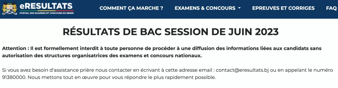 Capture d écran du site officiel affichant les résultats du baccalauréat session de juin 2023 avec un avertissement sur la diffusion des informations