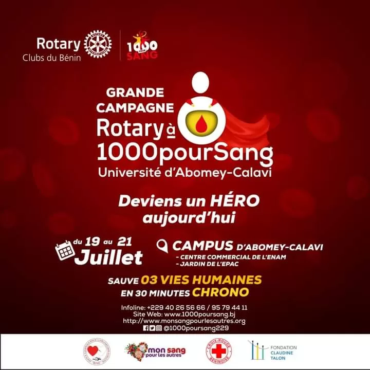 Affiche rouge annonçant une grande campagne de don de sang à l'université d'Abomey-Calavi avec dates, lieux et contacts