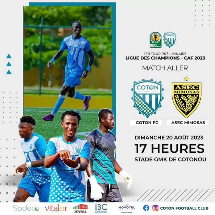 Quatre joueurs de football en action et informations sur un match de Ligue des Champions CAF prévu dimanche à 17 heures