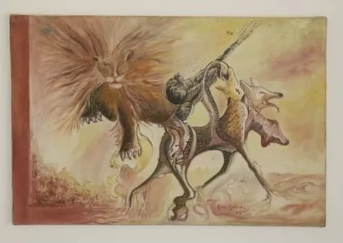 Peinture surréaliste avec des créatures hybrides et un visage félin dominant les formes abstraites sur un fond clair