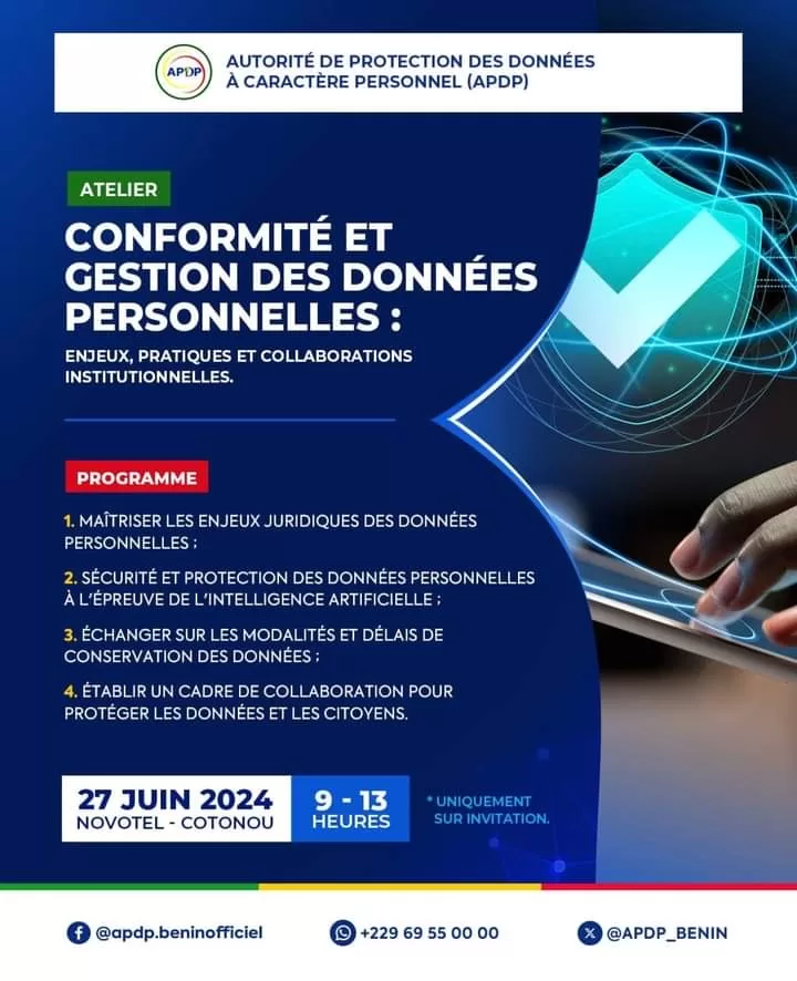 Affiche d’un atelier sur la conformité et gestion des données personnelles prévu le 27 juin 2024 à Novotel Cotonou