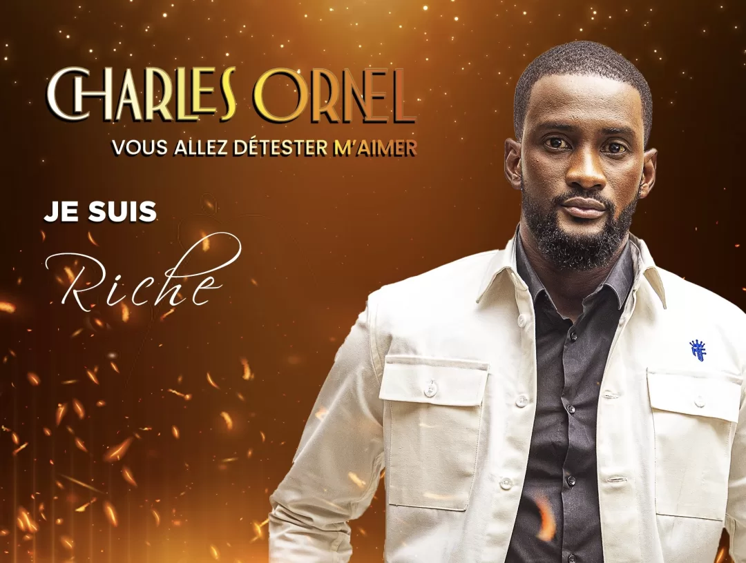 Homme regardant l'objectif sur fond marron orange avec inscriptions Charles Ornel, vous allez détester m'aimer et je suis riche