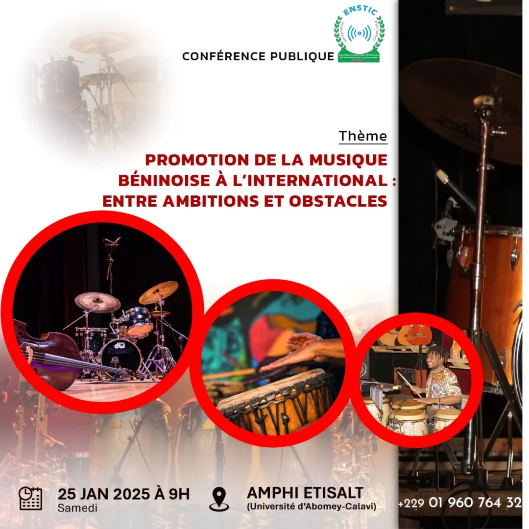 Affiche annonçant une conférence sur la promotion de la musique béninoise à l'international avec images d'instruments de percussion et de musiciens