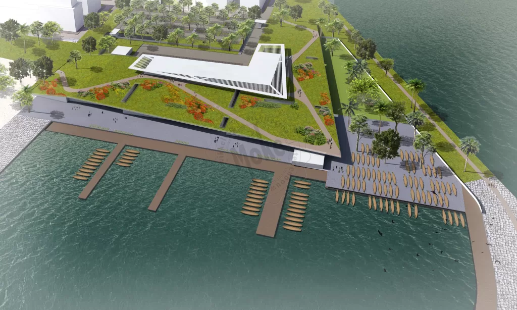 Vue aérienne d’un port avec quais en bois, petites embarcations amarrées et espaces verts autour