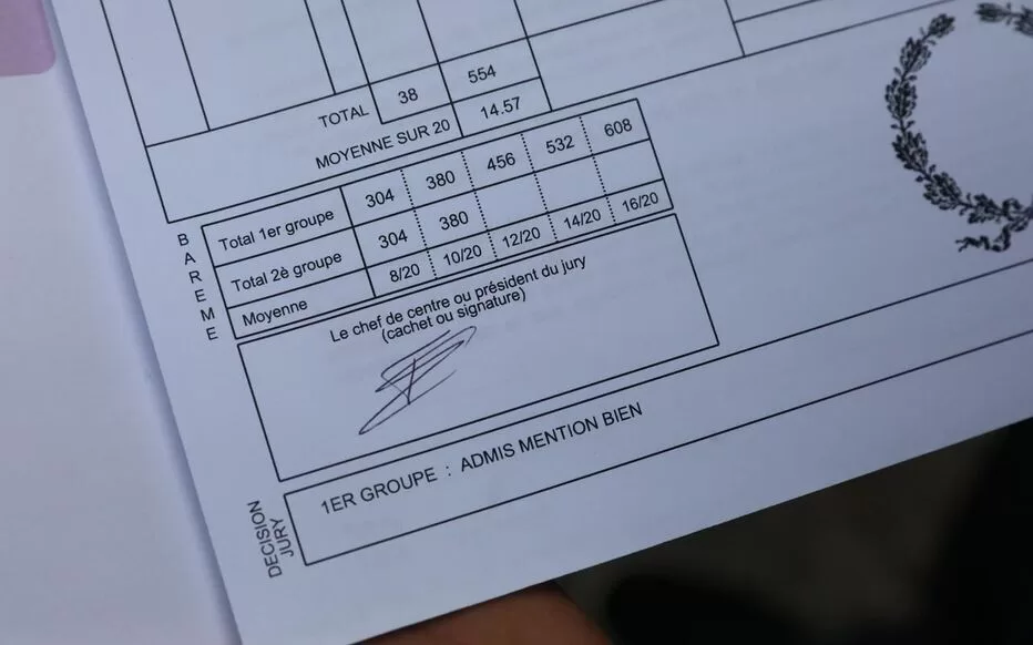 Extrait d un relevé de notes avec moyennes sur 20 et mention bien admise au baccalauréat