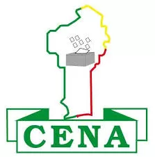 Logo stylisé d un pays en contours vert, jaune et rouge avec une urne électorale et l acronyme CENA en vert sur fond blanc