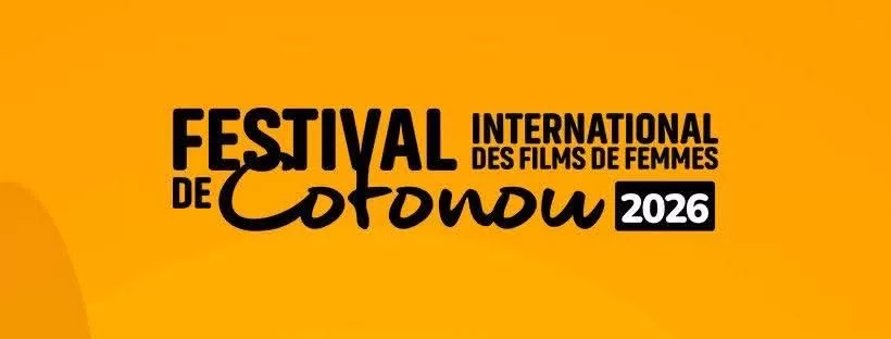 Fond orange avec le texte Festival International des Films de Femmes de Cotonou 2026 en noir et blanc