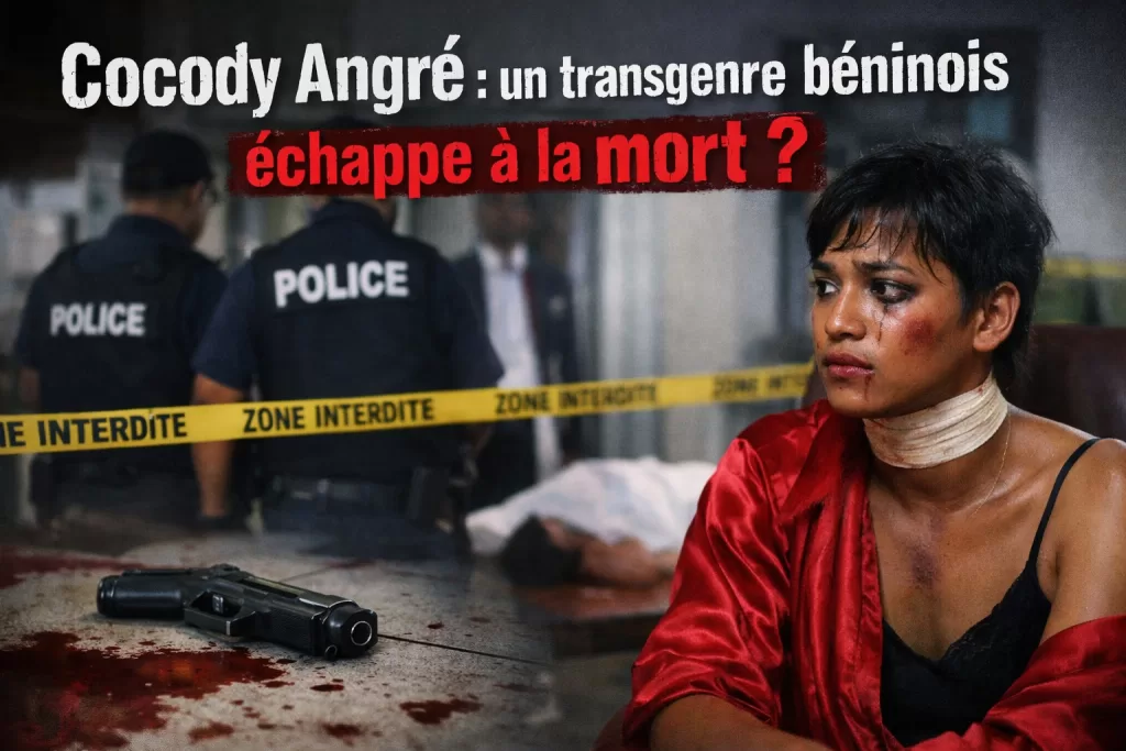 Un individu au visage marqué par des coups, vêtu d’un habit rouge, assis près d’une scène de crime avec une arme au sol et des policiers en arrière-plan