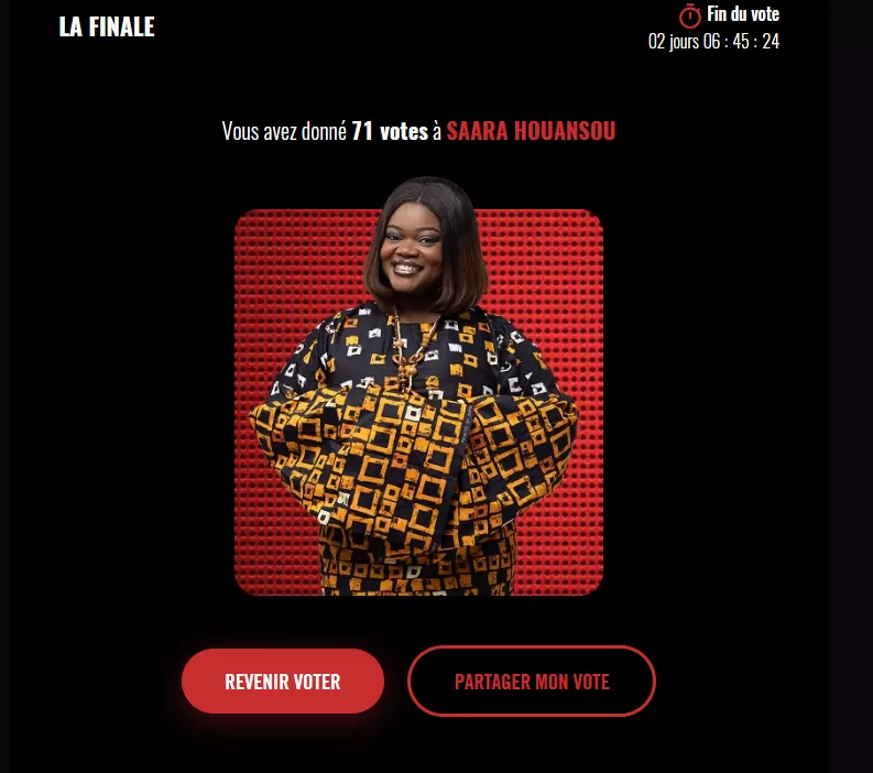 Image capturée du vote pour Saara Houansou - The Voice Afrique Francophone