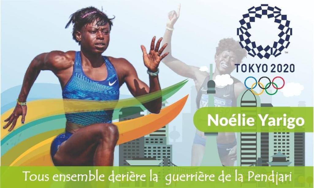 Athlète féminine en tenue de sport bleu foncé en plein sprint sur fond illustré avec logos JO Tokyo 2020 et texte de soutien