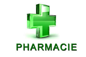 Croix verte lumineuse symbole de pharmacie avec le mot pharmacie en dessous sur fond blanc