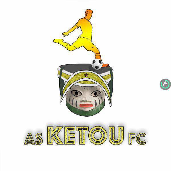 Illustration d un joueur de football en action sur un masque traditionnel avec texte AS KETOU FC en-dessous