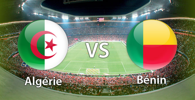 Un stade de football avec deux drapeaux ronds en superposition, l'un vert blanc rouge avec étoile, l'autre vert jaune rouge, séparés par un VS blanc