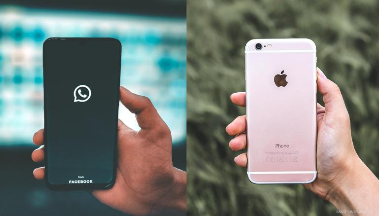 Deux mains tenant chacune un smartphone, l'un avec l'écran affichant le logo d'une application de messagerie.