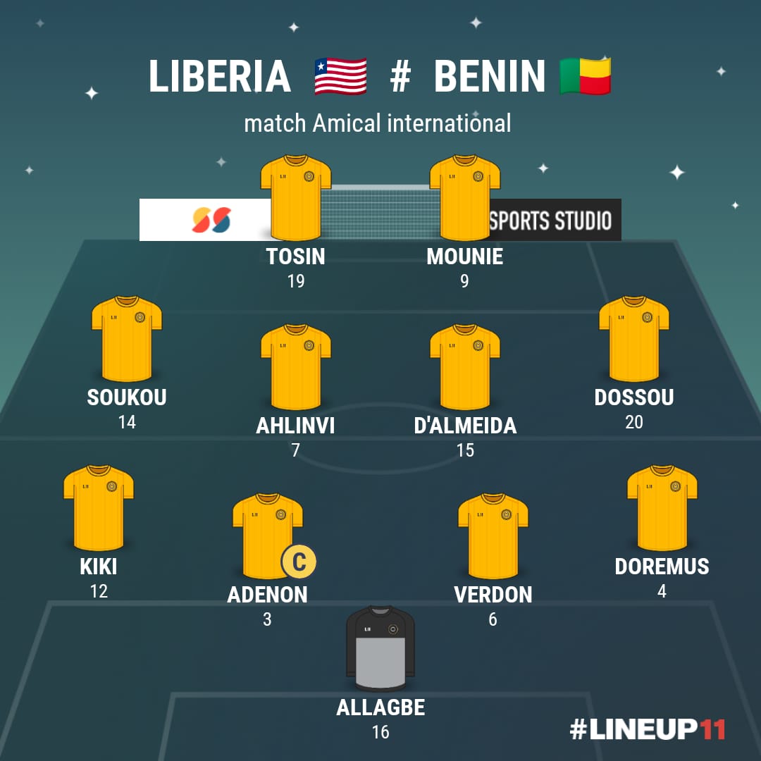 Composition d équipe de football avec les postes et numéros des joueurs sur un fond noir avec des maillots jaunes