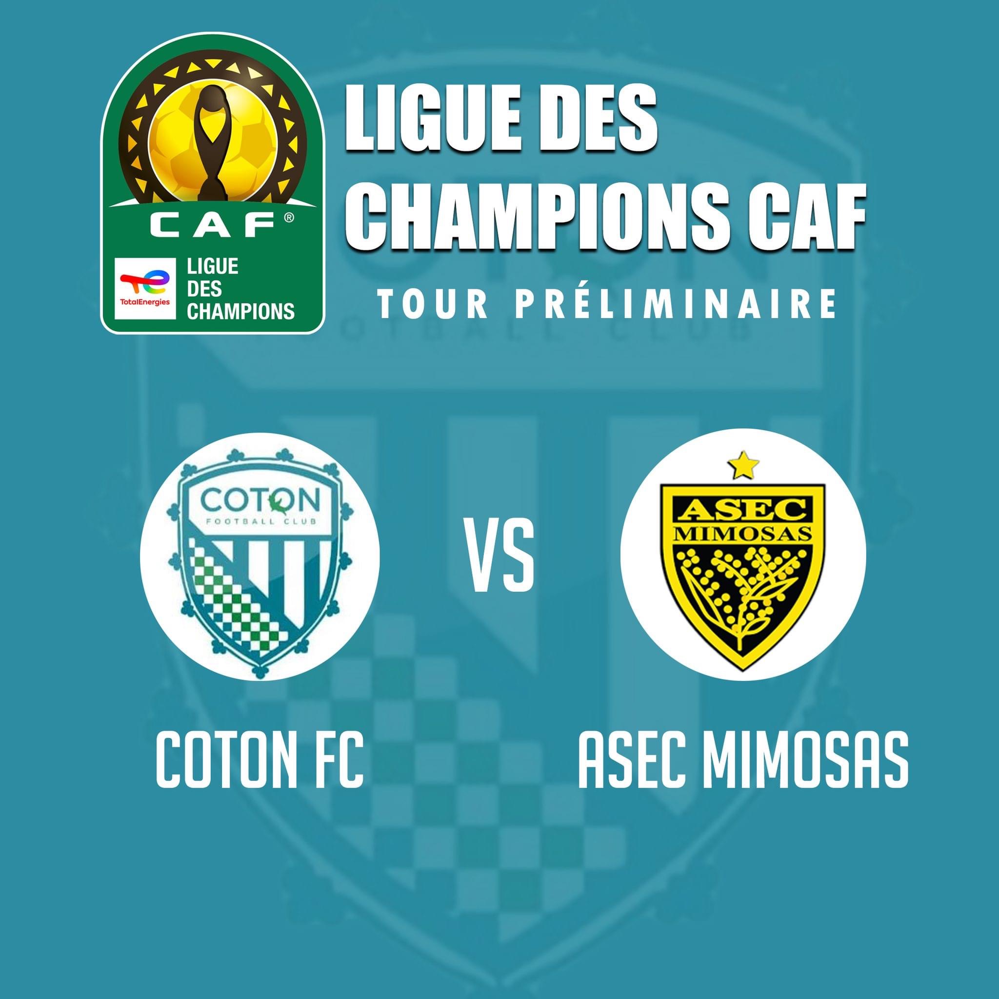 Logos de deux équipes de football avec texte Ligue des Champions CAF tour préliminaire en fond bleu