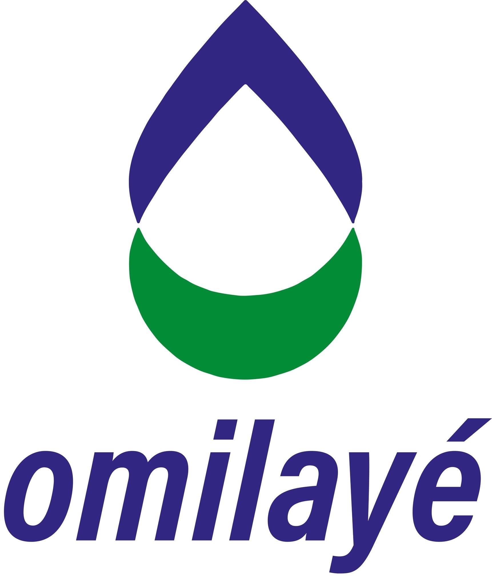 Logo stylisé d'une goutte d'eau bicolore bleue et verte avec le texte omilayé en dessous