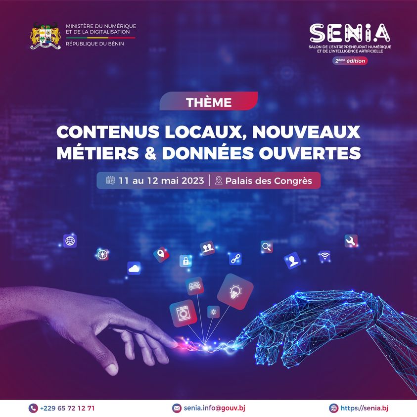 Main humaine et main digitale filaire connectées par des icônes numériques sur fond bleu violet avec texte d’un salon numérique