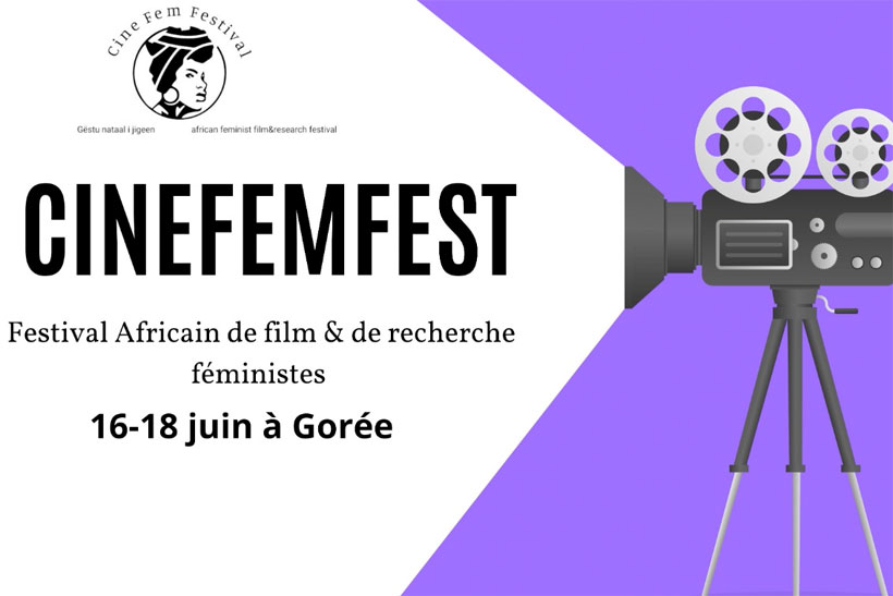 Affiche du festival de film et de recherche féministe africain annonçant une édition du 16 au 18 juin à Gorée avec image stylisée d’un projecteur de film violet