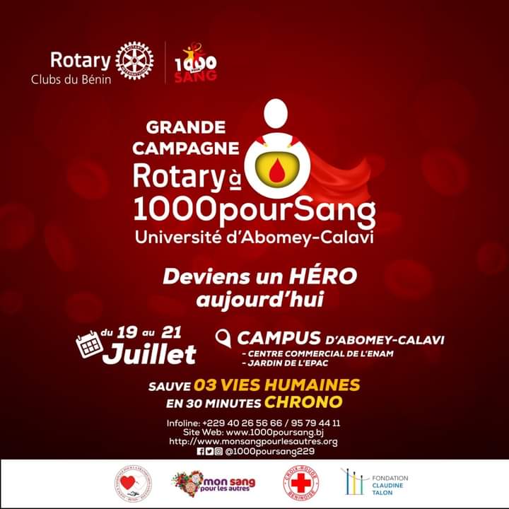 Affiche rouge annonçant une grande campagne de don de sang à l'université d'Abomey-Calavi avec dates, lieux et contacts