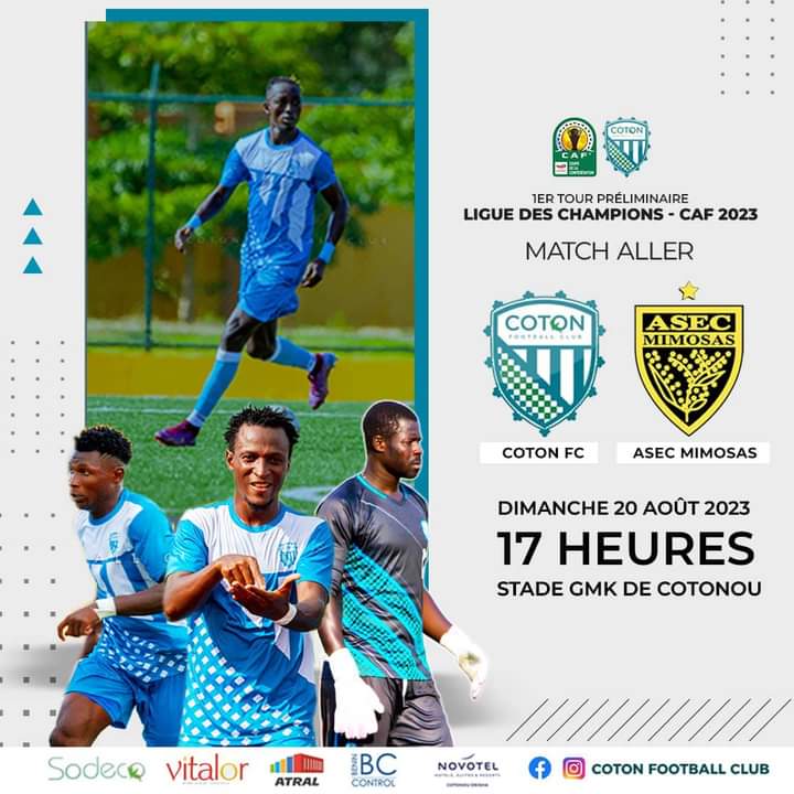 Quatre joueurs de football en action et informations sur un match de Ligue des Champions CAF prévu dimanche à 17 heures