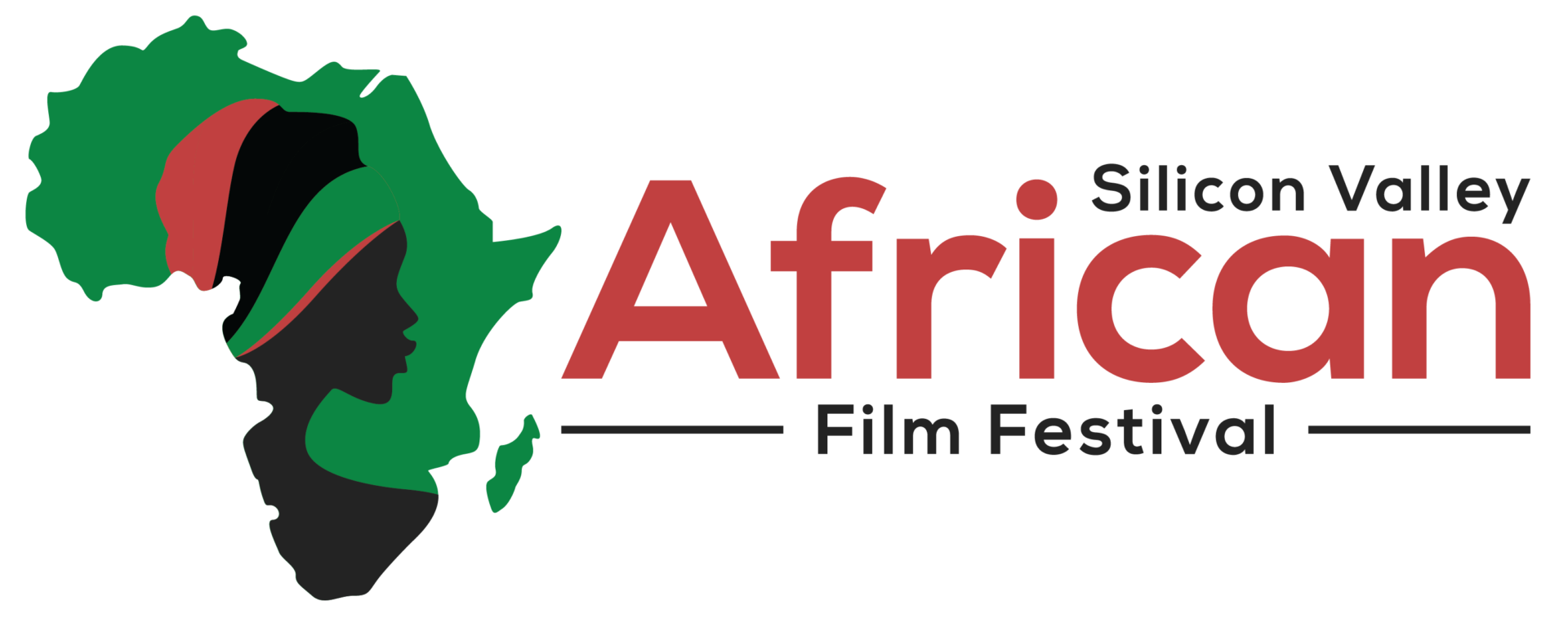 Logo avec une silhouette de visage africaine stylisée en vert, rouge et noir à gauche du texte "African Silicon Valley Film Festival" en rouge et noir