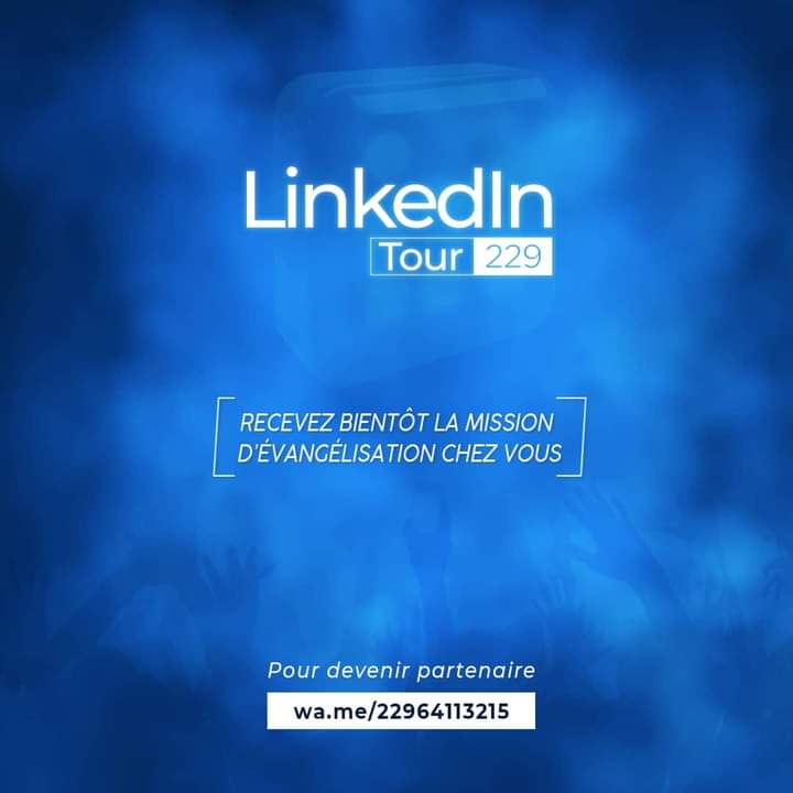 Fond bleu avec le texte LinkedIn Tour 229 et un message invitant à recevoir une mission d’évangélisation