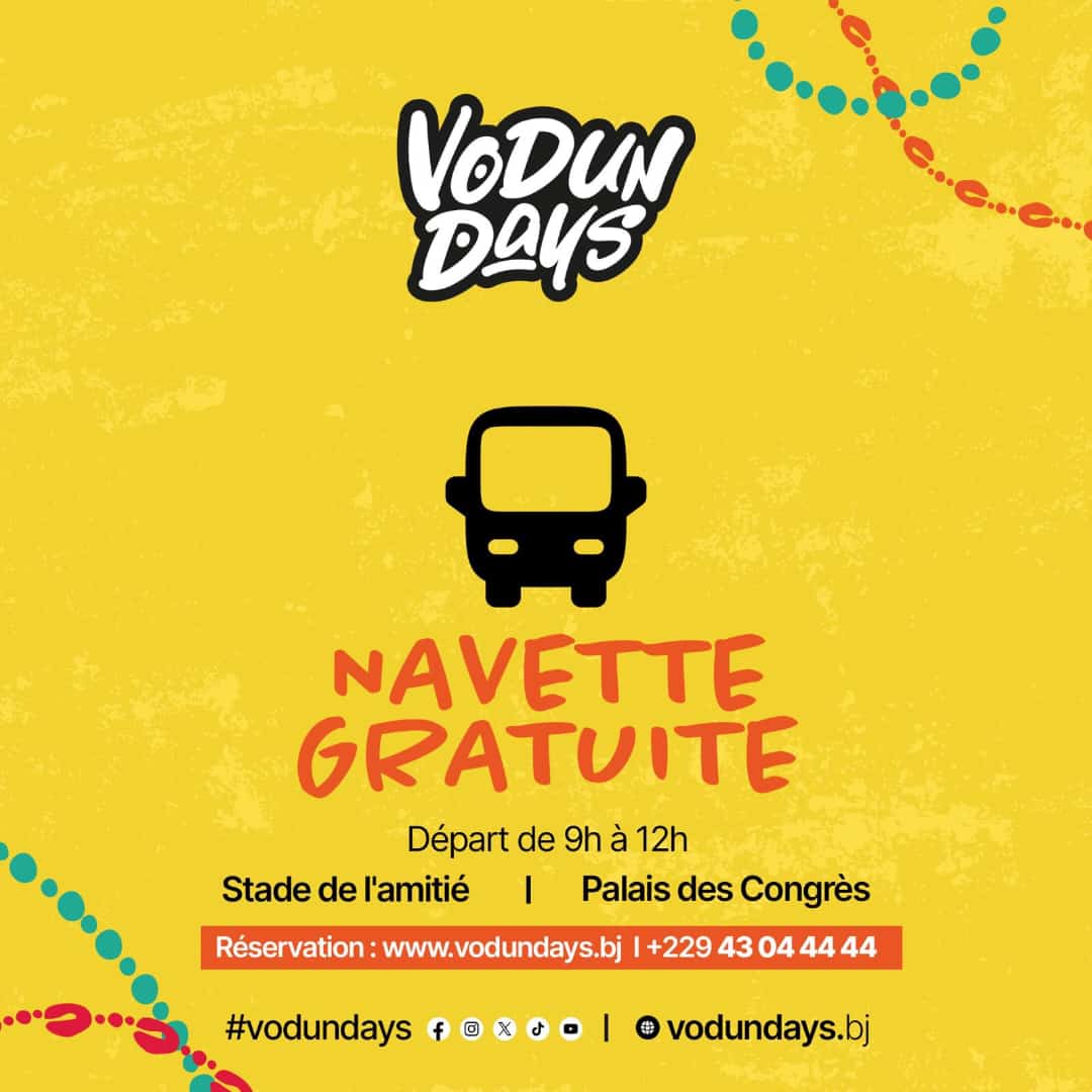 Fond jaune avec texte annonçant une navette gratuite pour un événement et icône d'un bus noir central