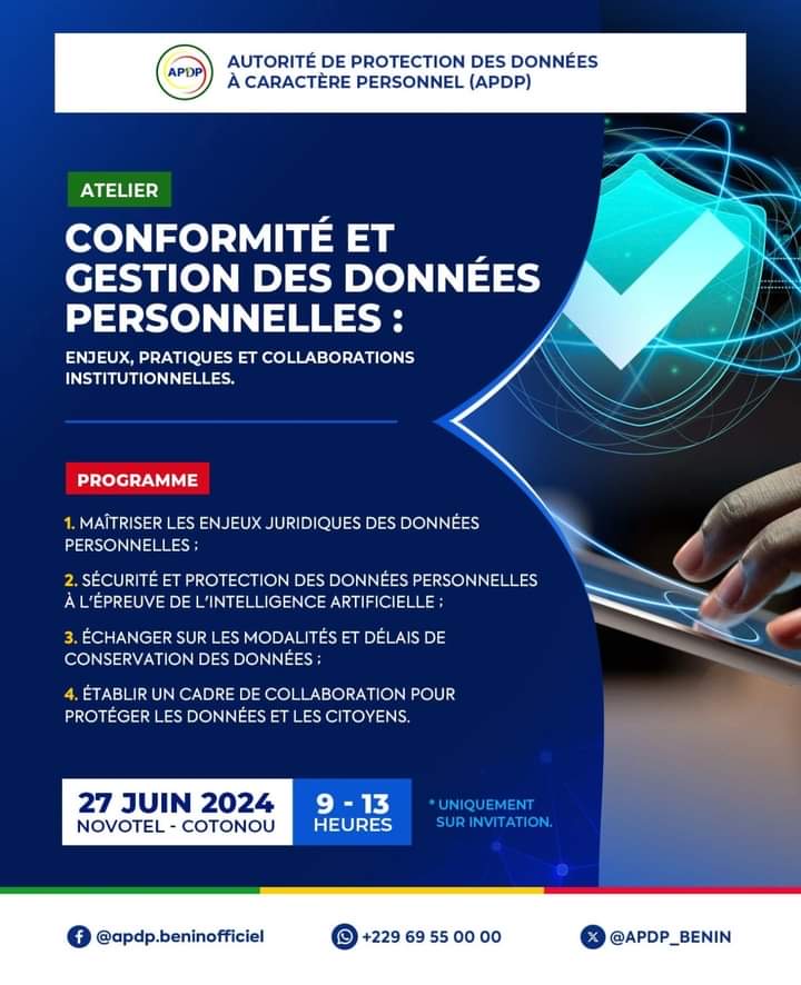 Affiche d’un atelier sur la conformité et gestion des données personnelles prévu le 27 juin 2024 à Novotel Cotonou
