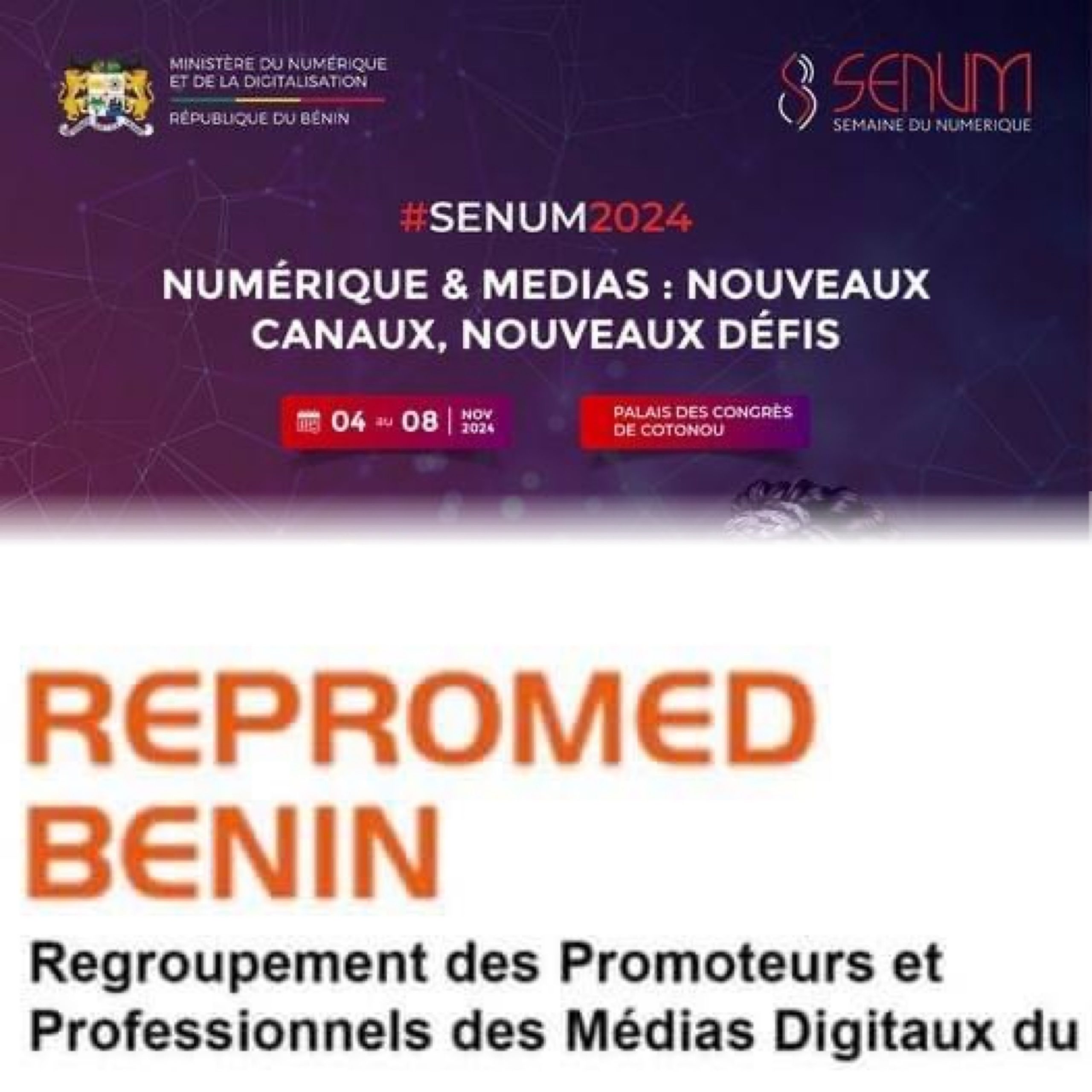 Affiche pour SENUM 2024 sur numérique et médias avec logo REPROMED BENIN et texte explicatif en français
