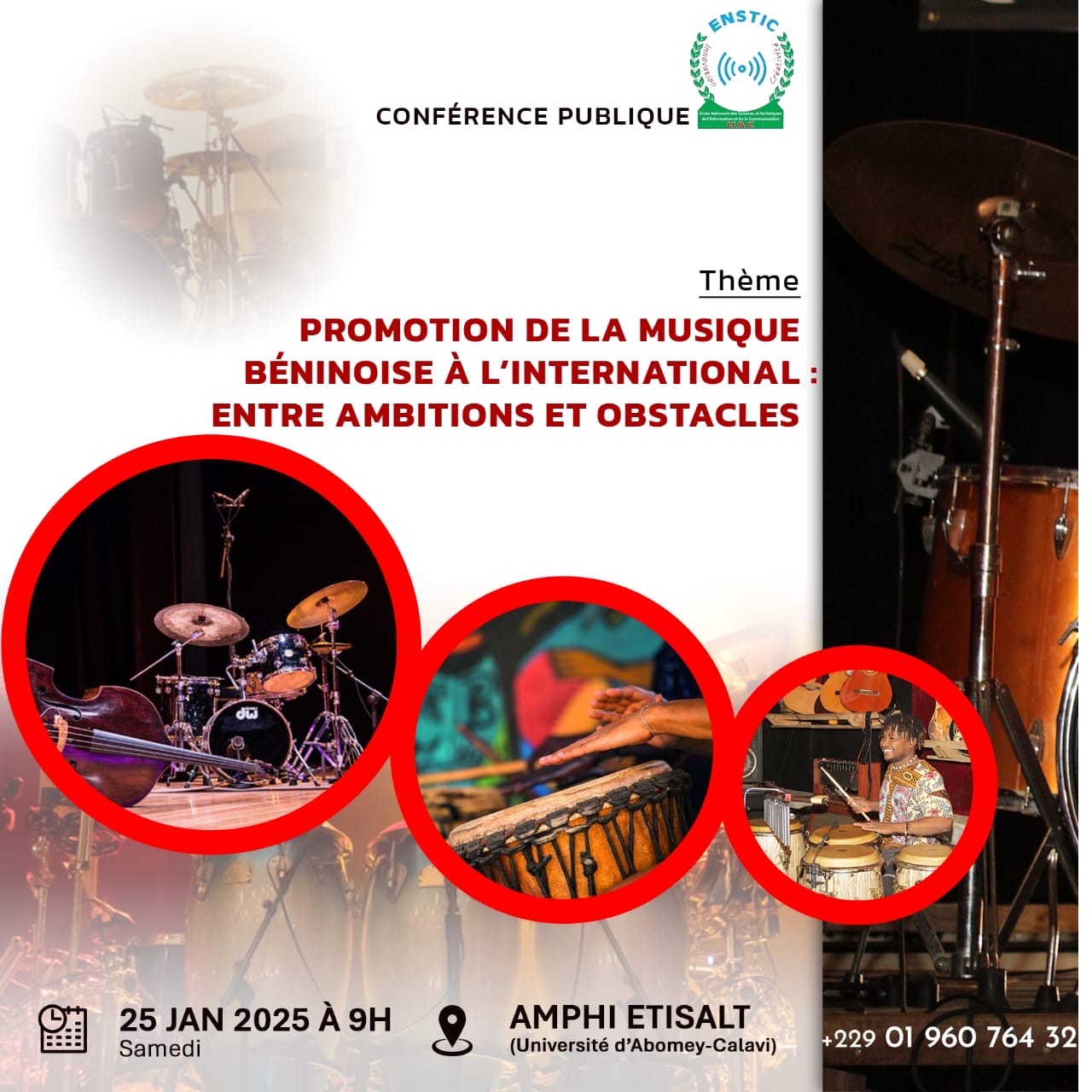 Affiche annonçant une conférence sur la promotion de la musique béninoise à l'international avec images d'instruments de percussion et de musiciens