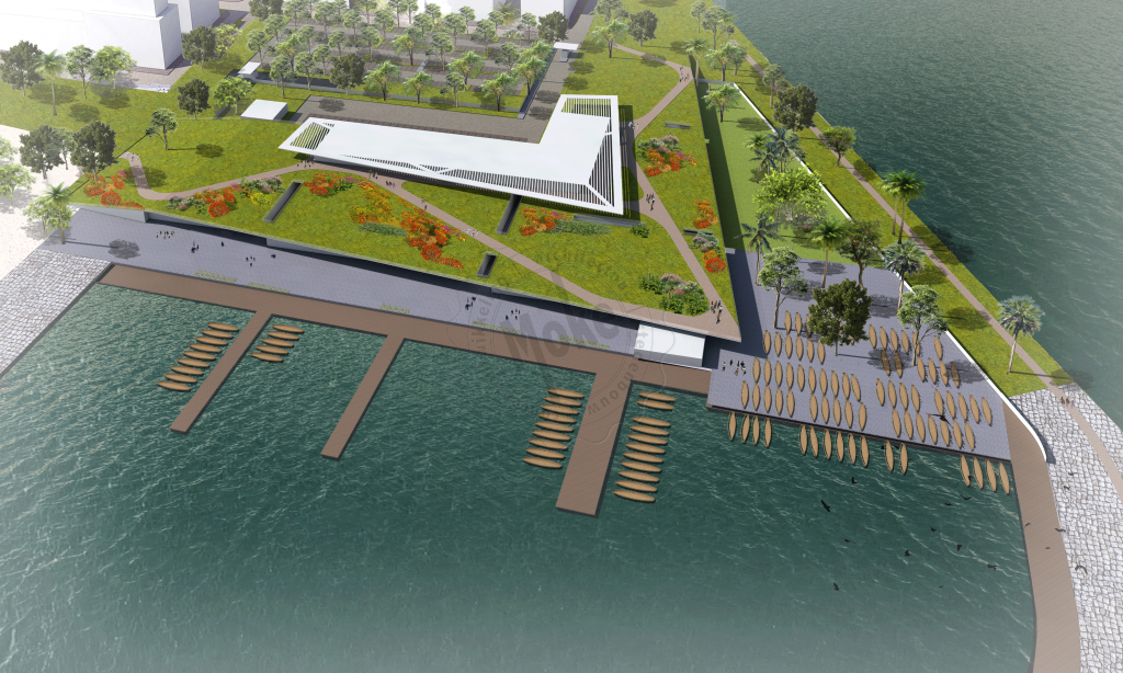 Vue aérienne d’un port avec quais en bois, petites embarcations amarrées et espaces verts autour