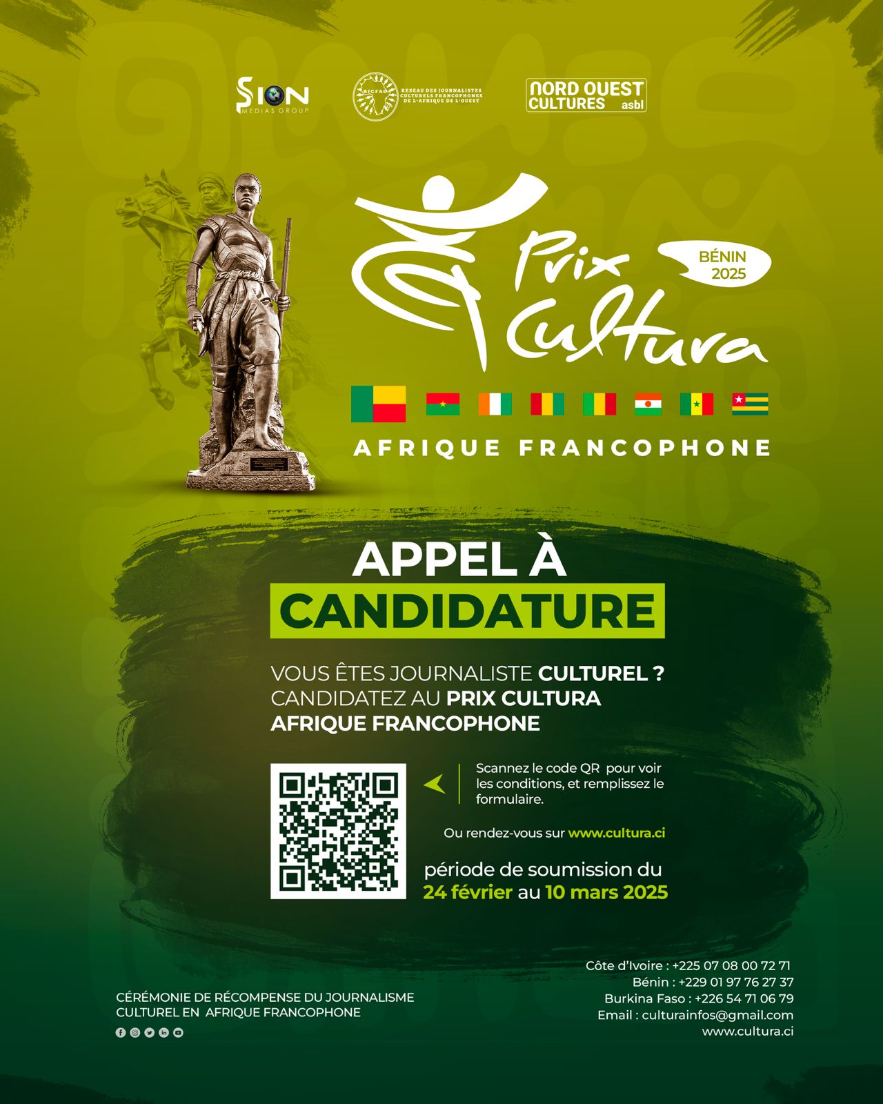 Affiche verte détaillant un appel à candidature pour un prix de journalisme culturel en Afrique francophone avec drapeaux et statue sur fond.
