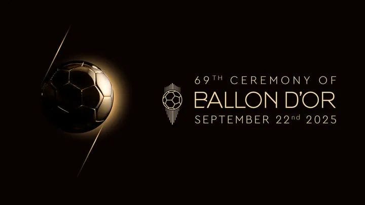 Ballon de football doré à gauche avec texte annonçant la 69e cérémonie du Ballon d'Or le 22 septembre 2025 sur fond noir