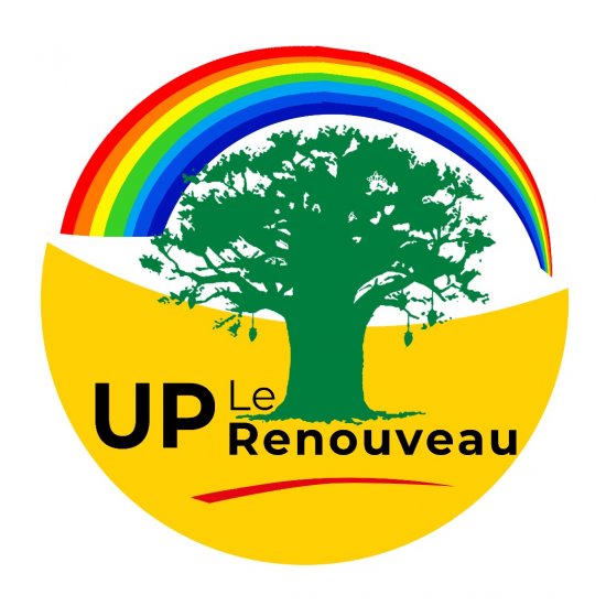 Logo circulaire jaune avec un arbre vert au centre et un arc-en-ciel au-dessus des mots UP Le Renouveau en noir et rouge