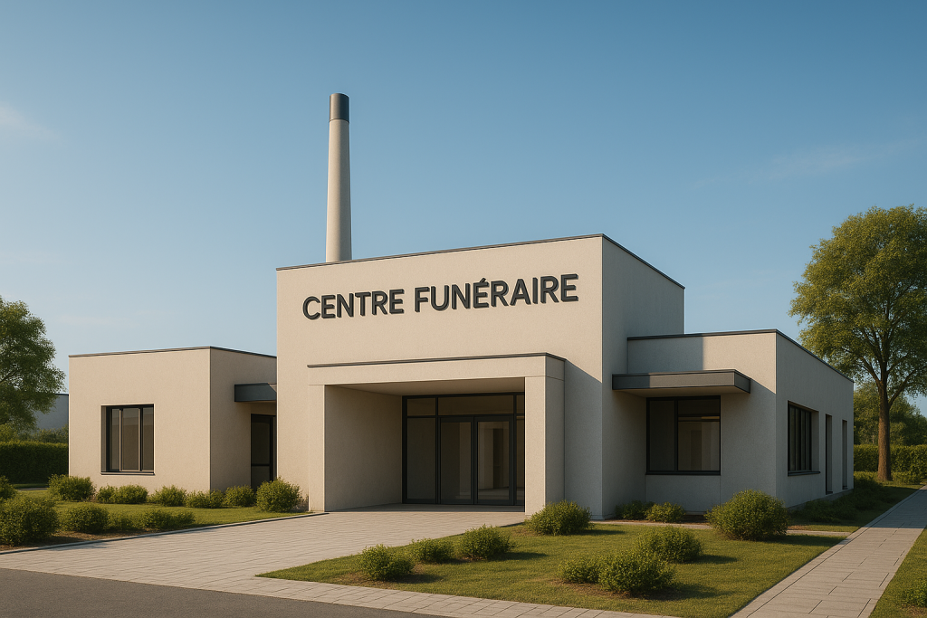 Bâtiment moderne beige avec l'inscription CENTRE FUNÉRAIRE entouré de pelouse et de petits arbustes sous un ciel bleu clair