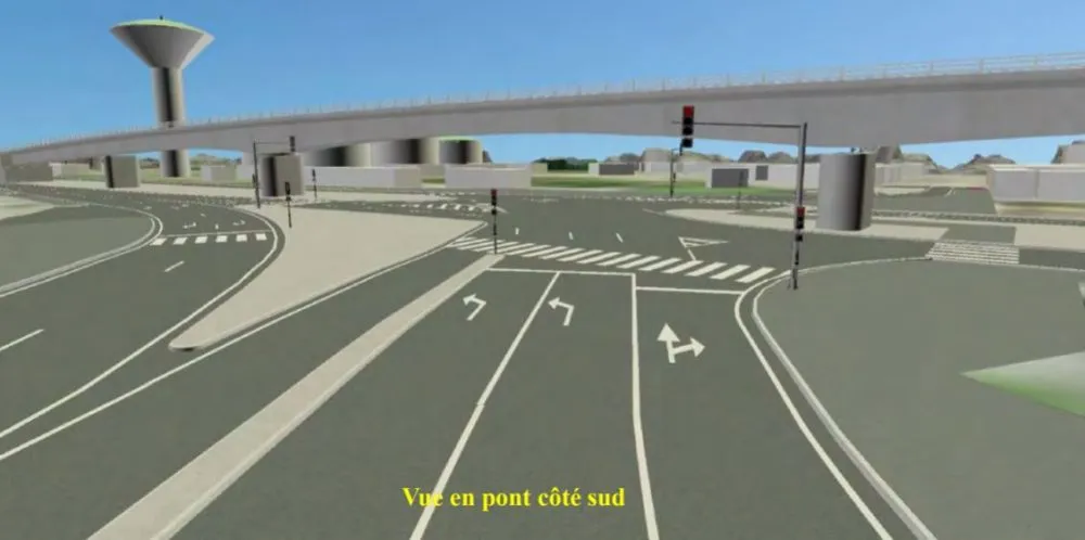 Vue en 3D d’un échangeur routier avec un pont et plusieurs voies marquées au sol pour tourner ou aller tout droit