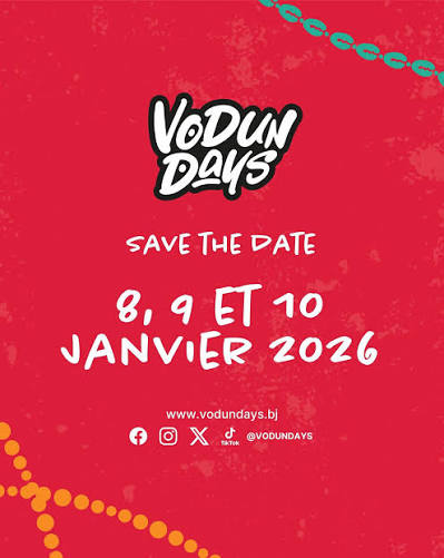 Annonce colorée rouge avec texte blanc indiquant les dates 8, 9 et 10 janvier 2026 et le nom Vodun Days