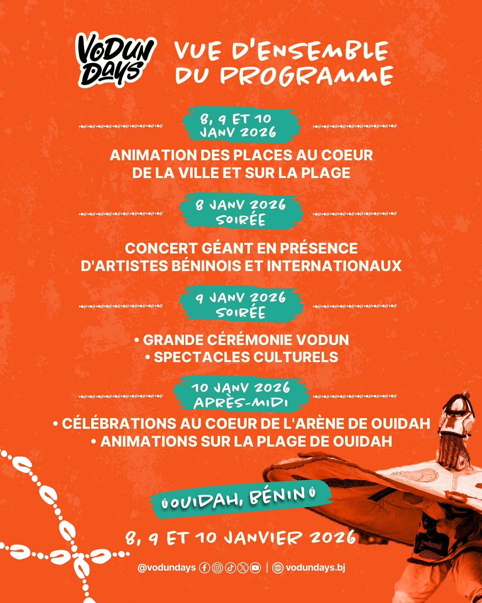 Programme du festival avec dates, activités culturelles et animations sur fond orange et personnage en costume traditionnel africain