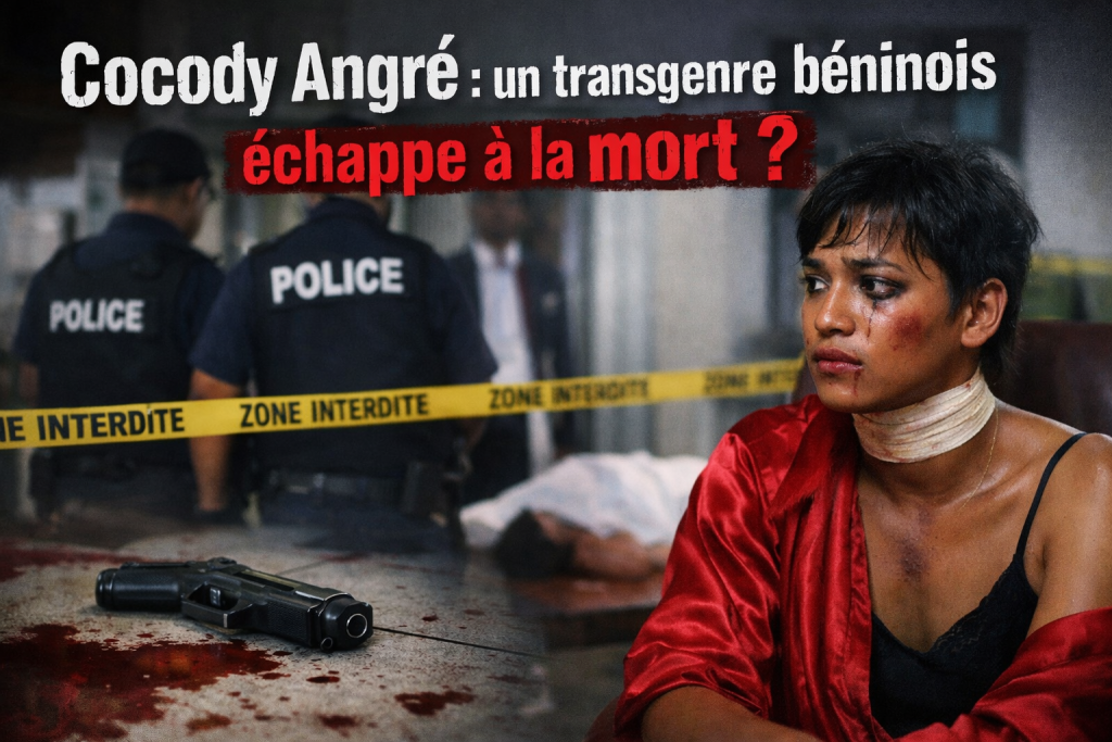 Un individu au visage marqué par des coups, vêtu d’un habit rouge, assis près d’une scène de crime avec une arme au sol et des policiers en arrière-plan