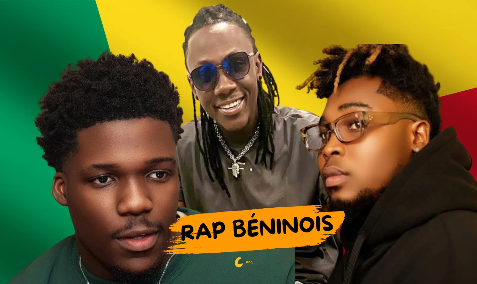 Trois jeunes hommes posent devant un fond aux couleurs vert jaune rouge avec un bandeau orange marqué rap béninois