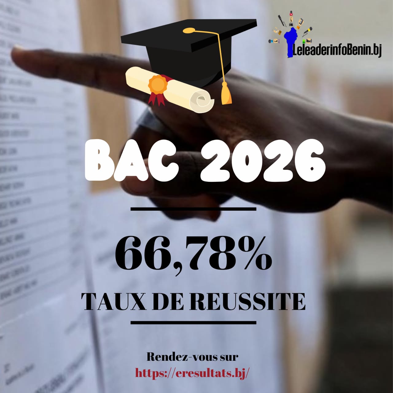 Main pointant un nom sur une liste de résultats avec un texte superposé indiquant un taux de réussite de 66,78 % au BAC 2026